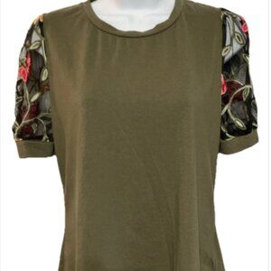 Emery Rose Ladies Large Multicolor Short Sheer Floral Sleeve cotton blend Blouse